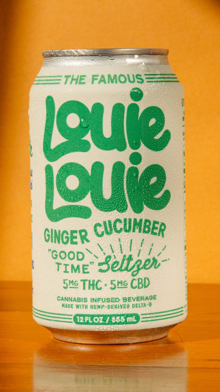 Louie Louie Ginger Cucumber Seltzer can on a table